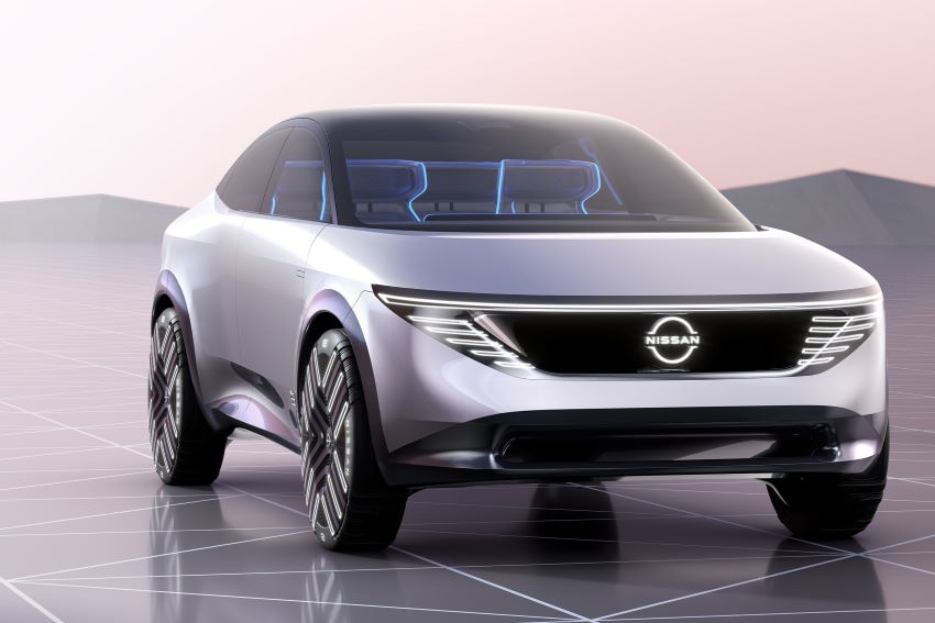 Imagem mostra veículo elétrico da Nissan em cenário futurista