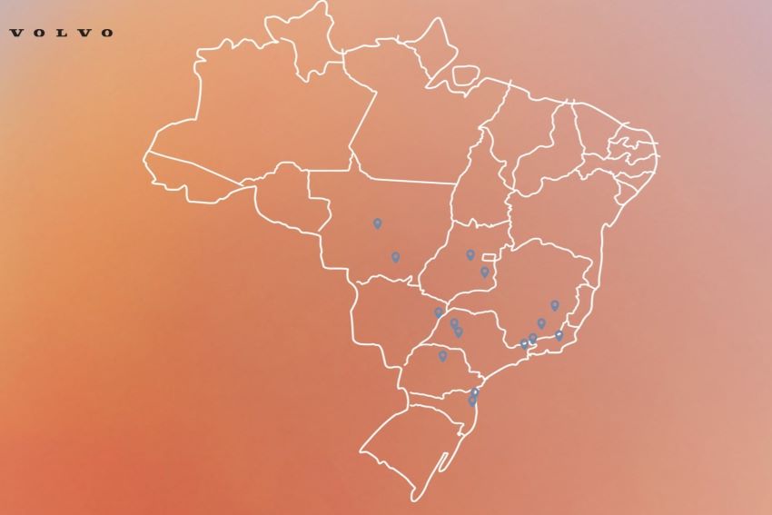 Imagem mostra mapa do Brasil com pontos em destaque com a localização dos eletropostos da Volvo