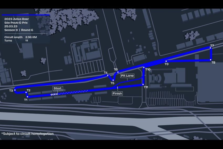 Mapa do circuito de rua que será montado no entorno do Sambódromo do Anhembi. Foto: Divulgação/Fórmula E.