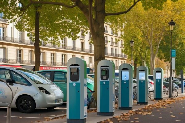 Carros elétricos sendo recarregados em pontos de recarga na Europa