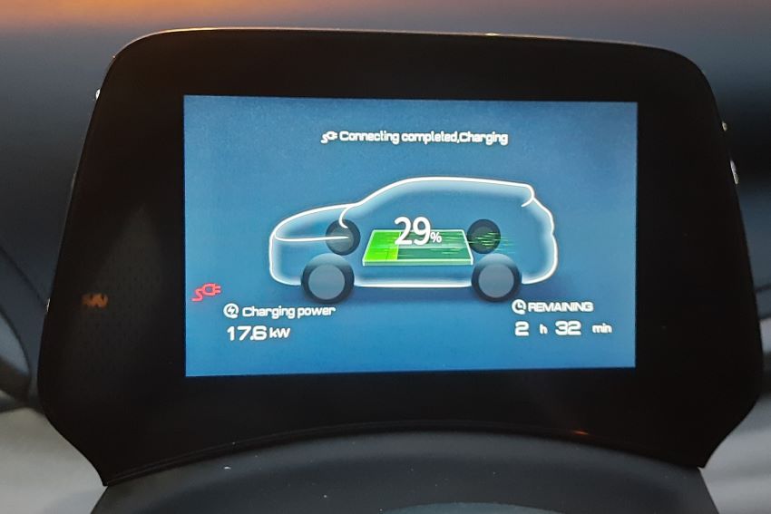 Painel indica recarga em andamento de carro elétrico com 29% de bateria