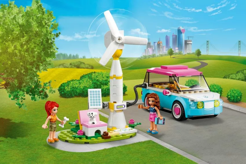 Brinquedo de Lego com estação carro elétrico e estação de recarga