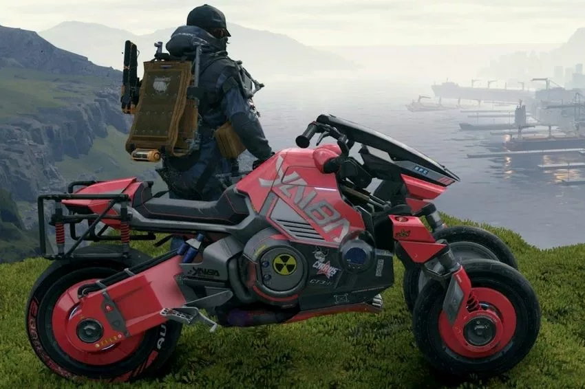 Personagem do jogo de videogame Death Stranding e sua moto elétrica