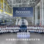 Grupo de funcionários posando para a foto de 6 milhões de unidades fabricadas pela BYD