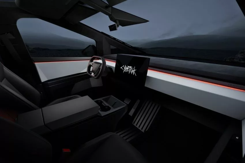 Parte interna do Tesla Cybertruck, picape elétrica com design futurista da Tesla