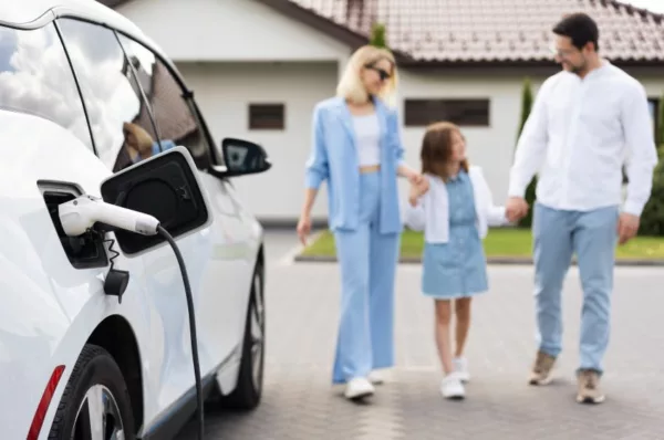 Família andando perto do carro