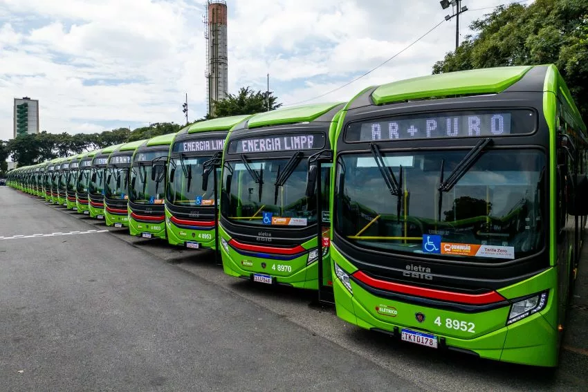 Diversos ônibus elétricos com pintura verde lado a lado