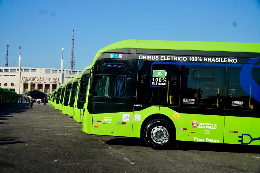 Novos ônibus elétricos da cidade de São Paulo, na cor verde, enfileirados