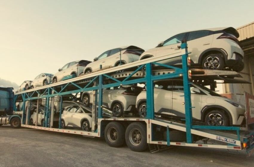 Carros sendo transportados pelo caminhão