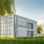 Imagem mostra BESS, com sistemas de geração de energia eólica e fotovoltaica ao fundo