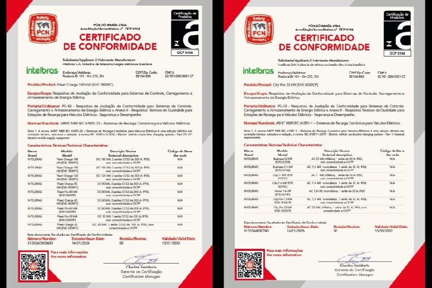 Imagem mostra as duas certificações recebidas pela Intelbras