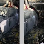 Composição de imagens mostra danos em carro dentro de garagem