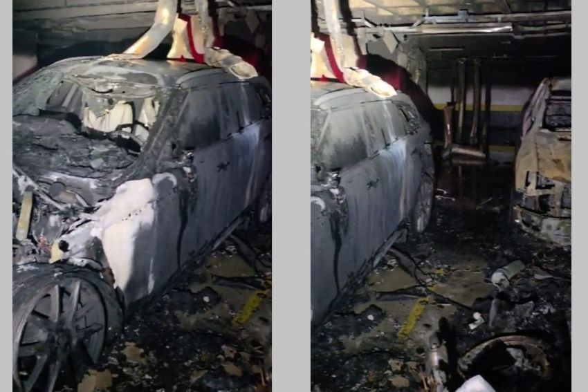 Composição de imagens mostra danos em carro dentro de garagem