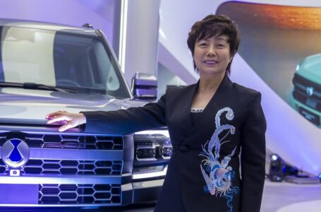 Stella Li posa para foto ao lado de carro da Denza